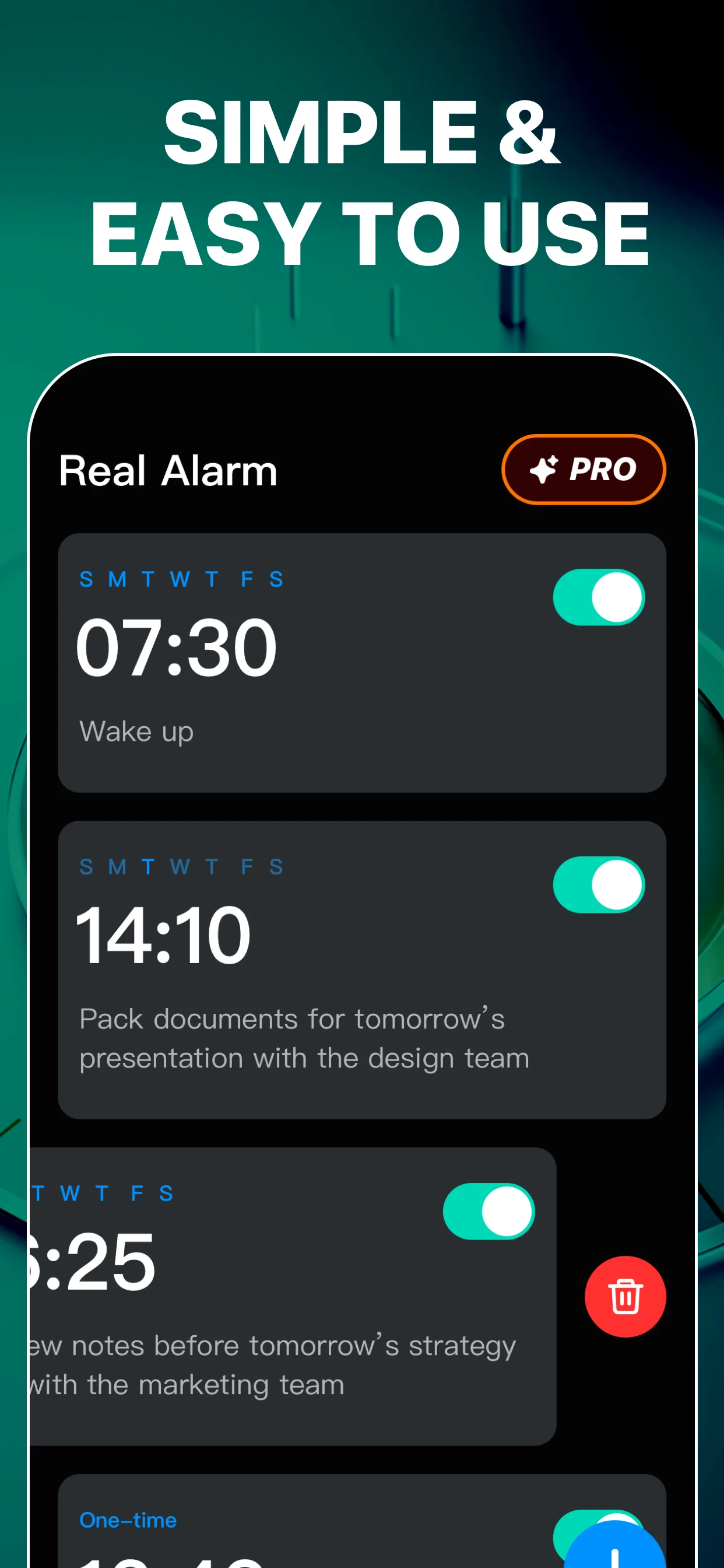 Current App Store artwork showing the actual saved alarms list