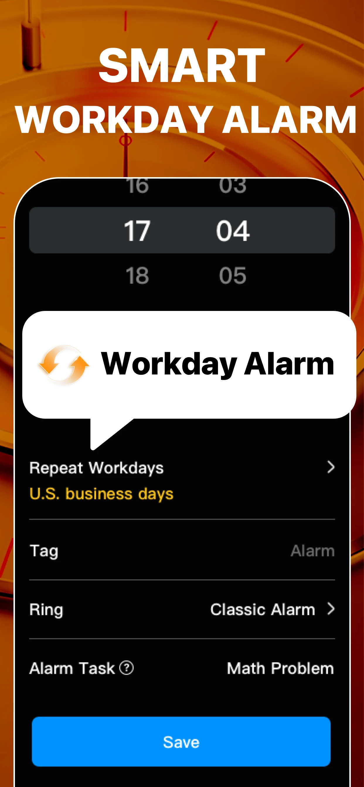 Current App Store artwork showing the actual alarm repeat, ring and task settings