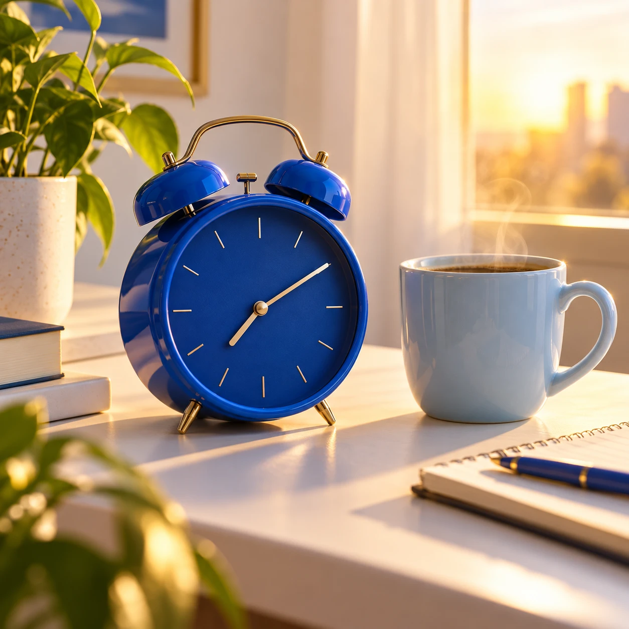 Creative still life of a blue alarm clock and mug in morning light